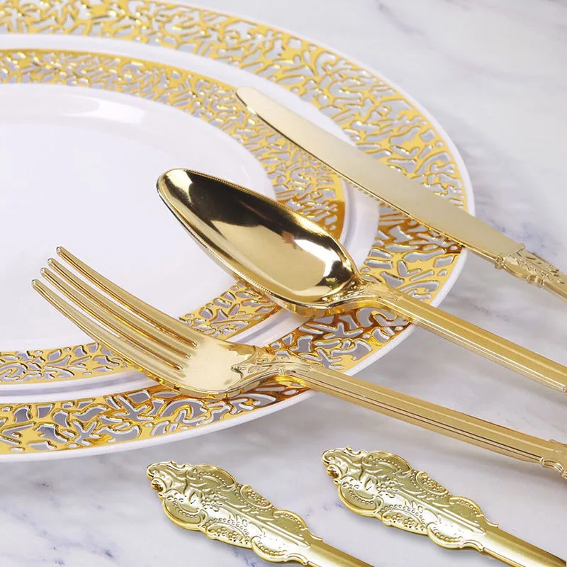 Golden Plastic Plates Party Supplies Disposable Tableware with Plastic Cutlery Charger Plates Plastic Gold