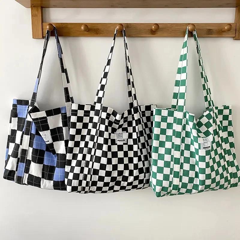 Fashion Canvas Checkered Tote Cloth Bag for Women Large Capacity Shopping Bag