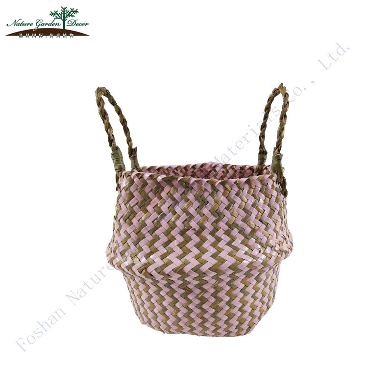 Wholesale Pink Stoage Belly Basket with Handles Pinic Mini Seagrass Baskets