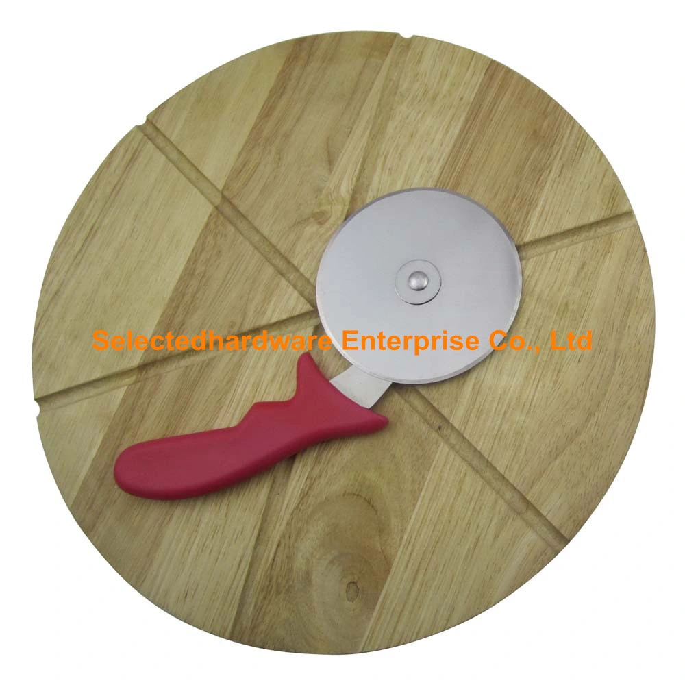 2PCS Red PP Handle Pizza Cutter Knife with Rubber Wood Cutting Board