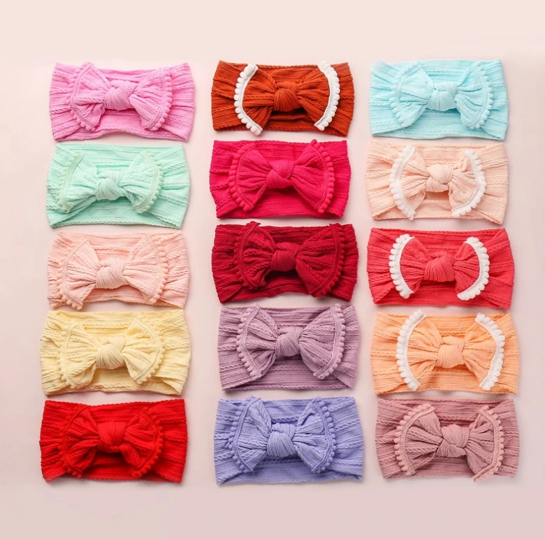 Fashion Wide Jacquard Baby Hairband Bowknot Hairy Ball Side Hairdband Cute Hair Accessories for Girls