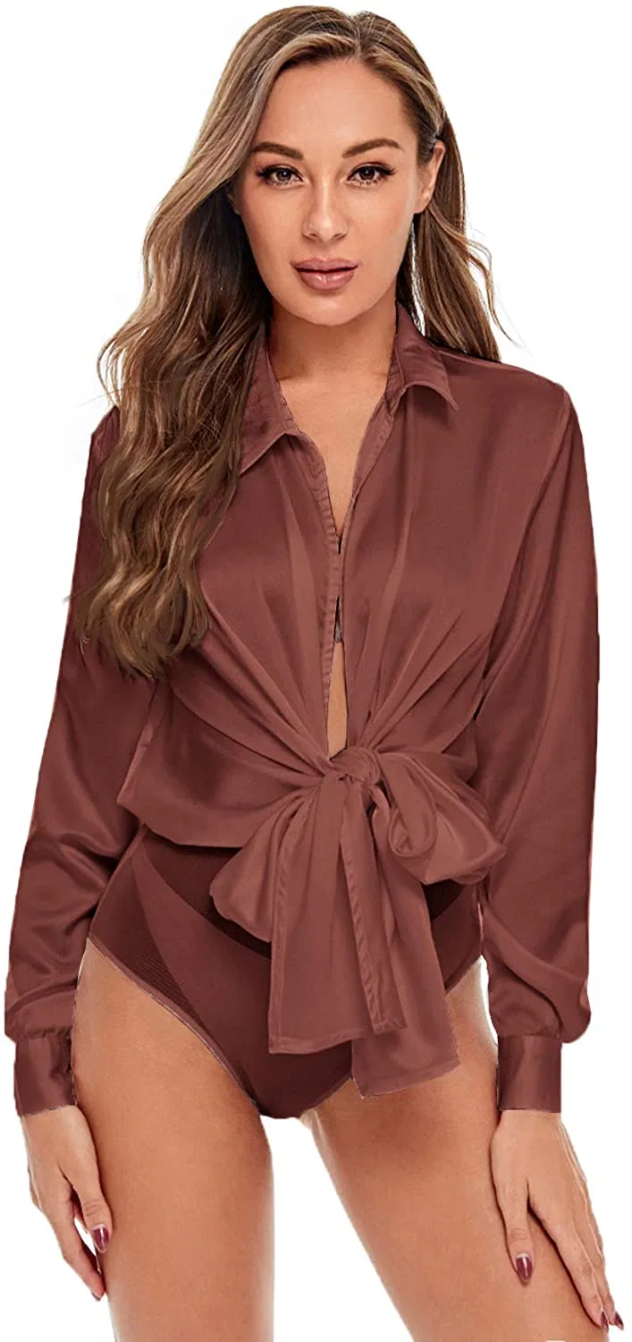 Women Bow Tie Satin Bodysuit Plunging Neck Sexy Long Sleeve Blouse Top Apparel