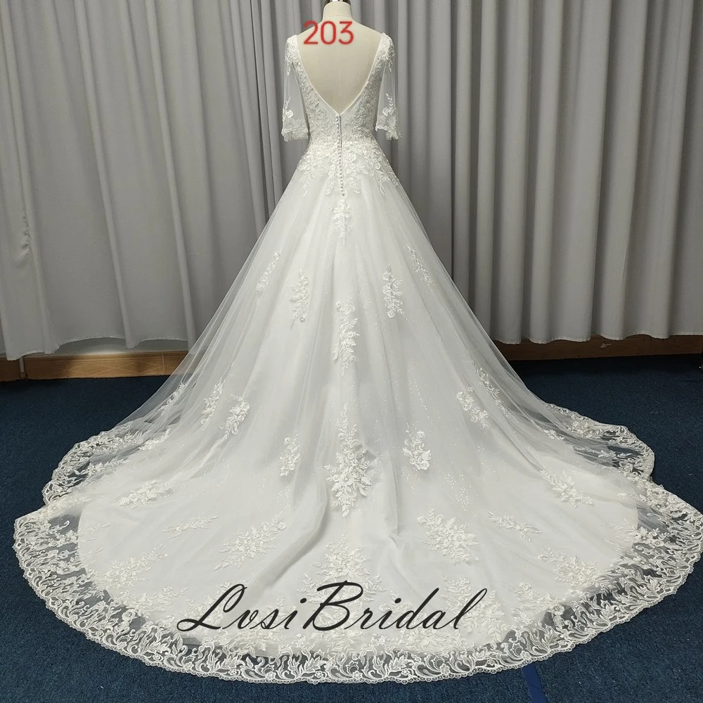 Decote em V ao pescoço e casamento de manga de lótus. 203 Vestido com Lace e vestido vestido bridal de beading pesado com Tulle Ball vestido Skirt vestido pela fábrica