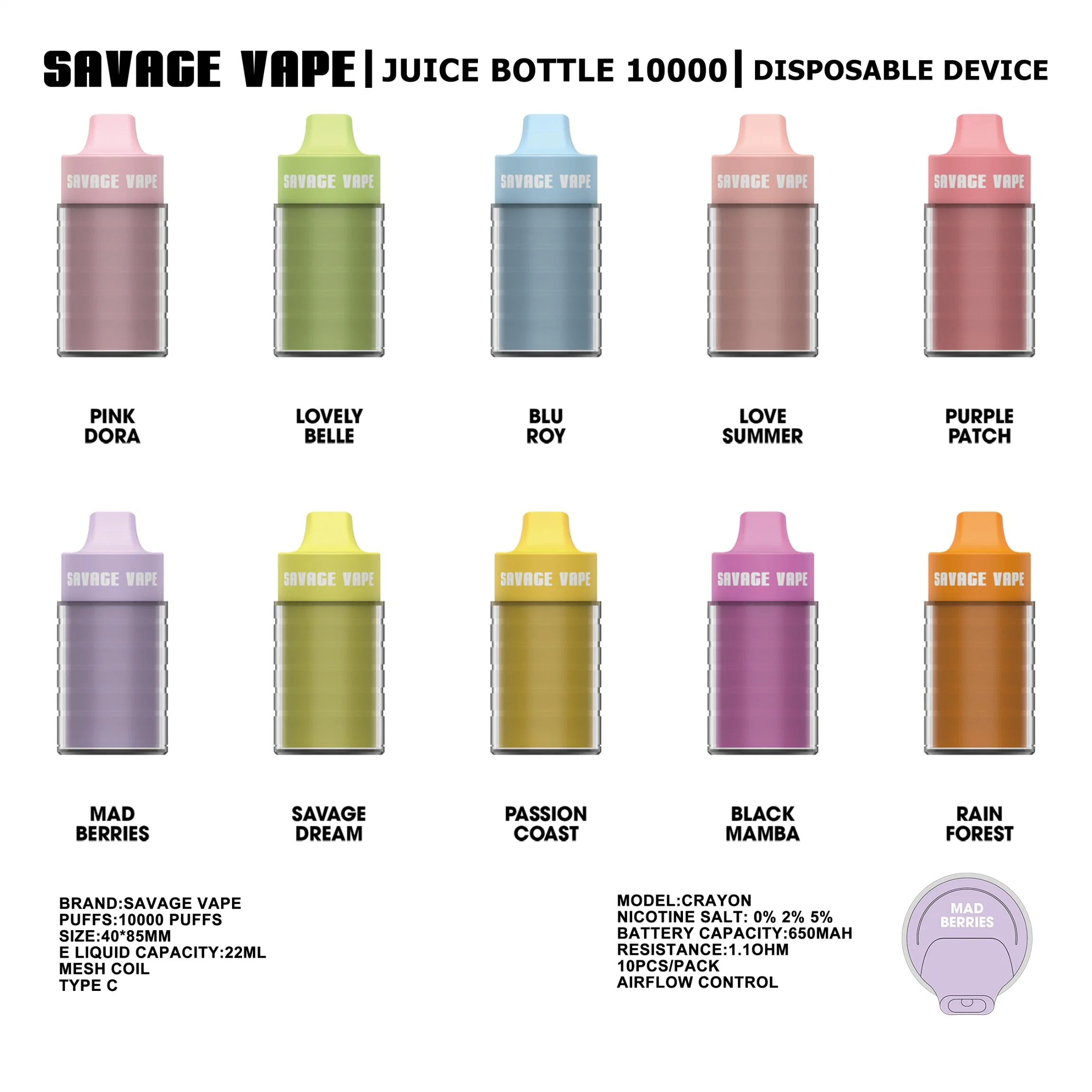 Savage Juice Bottle New Customer Sample Order Various Flavors 10000 Puffs 22ml E-Liquid Patented Disposable Vape Pen Mesh Coil Vapor Airflow Control Vapes