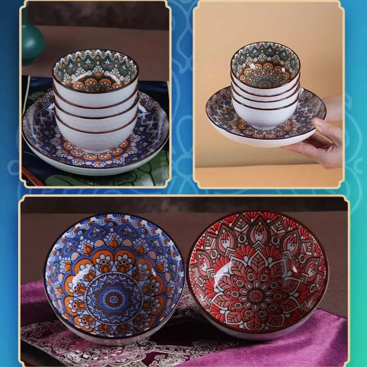 Bol en céramique de style bohème, vaisselle en porcelaine, bol émaillé pur, ensemble de thé avec motifs de couleur personnalisés, logo et design de décoration d'ustensiles de cuisine.