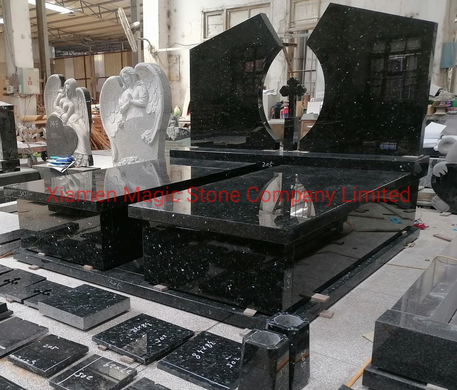 Double Tombstone Star Galaxy Black Granite Stone Monument with Cross