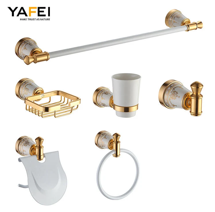 Bathroom Sanitary Hardware Wall Mounted Brushed Gold Ceramic Bathroom Accessory Sets 6PCS Hardware Set