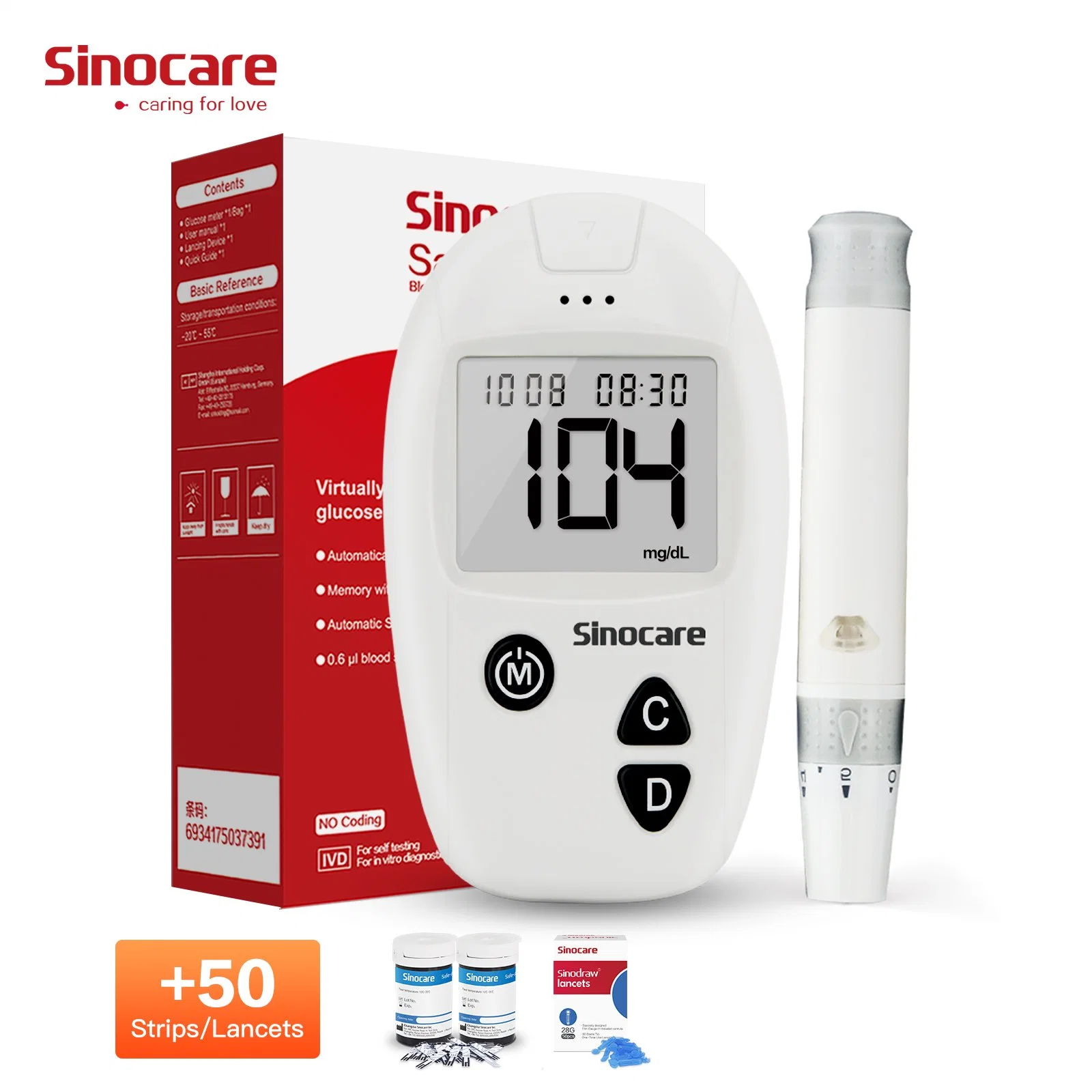 Sinocare Glucose Meter Household Sugar Test Machine Diabetes Testing Kit Blood Glucose Meter with Test Strip