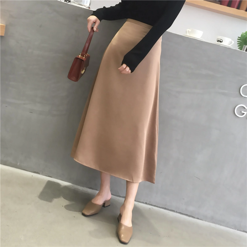 Women Elegant Ol Skirt Ladies Glossy Satin Skirt Plain Shiny Fashion Party