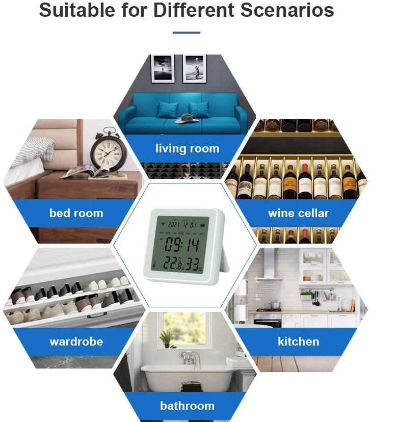 حساس درجة الحرارة والرطوبة الذكي مع شاشة LCD، 3 أنواع من الاختيار WiFi 2.4G، ZigBee 3.0، Bluetooth منخفض الطاقة