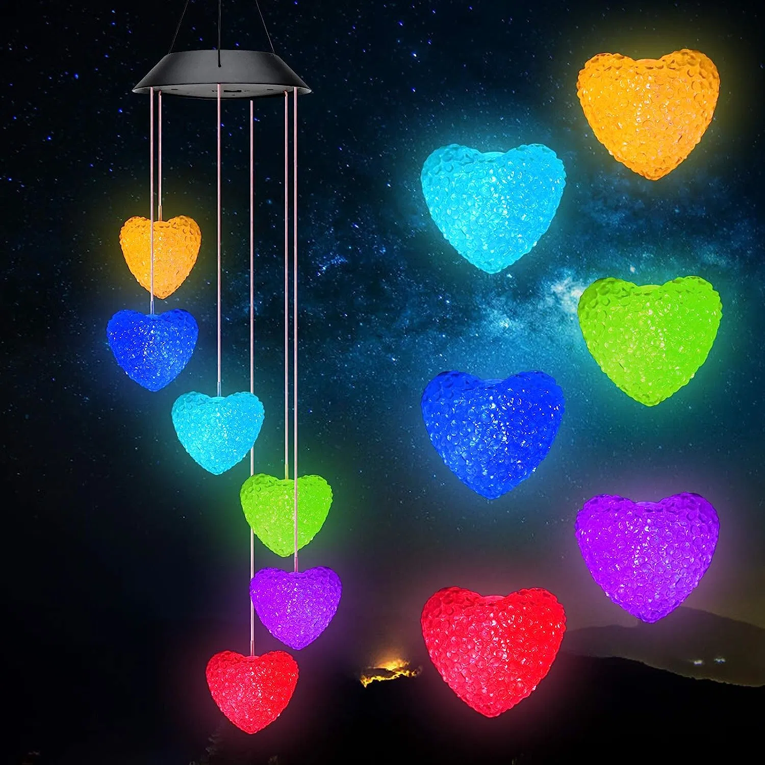 Herz Solar Wind Chimes Outdoor, LED Solar Wind Chimes Farbe ändern Mobile Wind Chime Wasserdicht Solar Lighs Home Dekoration Geschenk