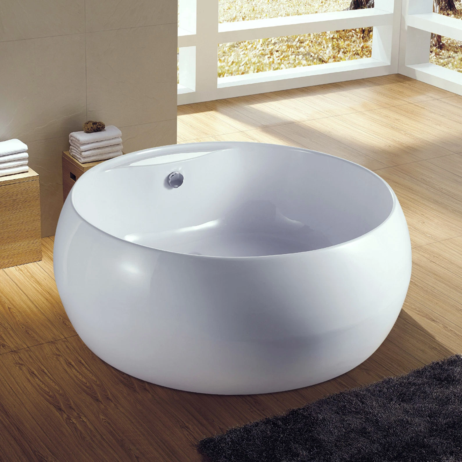 Round Freestanding Acrylic Whirlpool Bathtub with Brass Drain Overflow