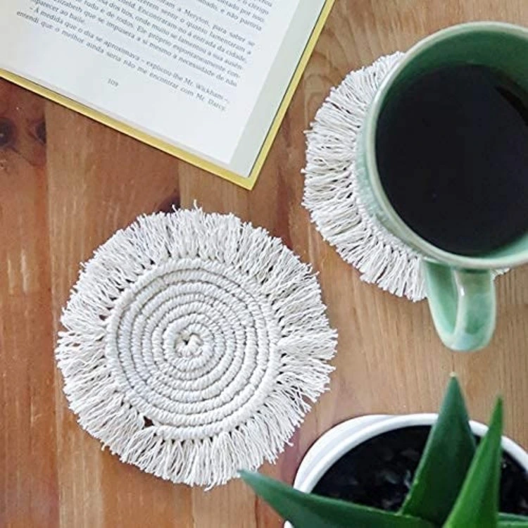 Cotton Thread Weave Coasters Round Drinks Mats with Macrame