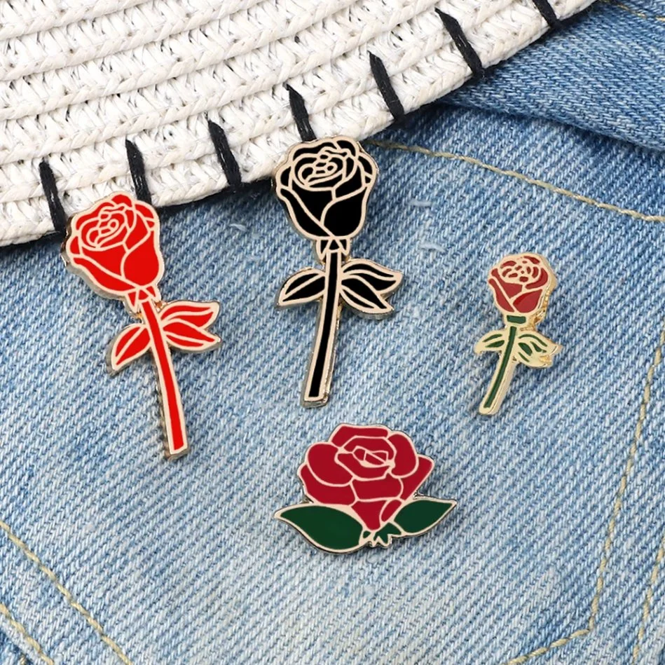 Personalized Fashion Flower Women Badge Red Black Rose Design Metal Brooch Lapel Pin