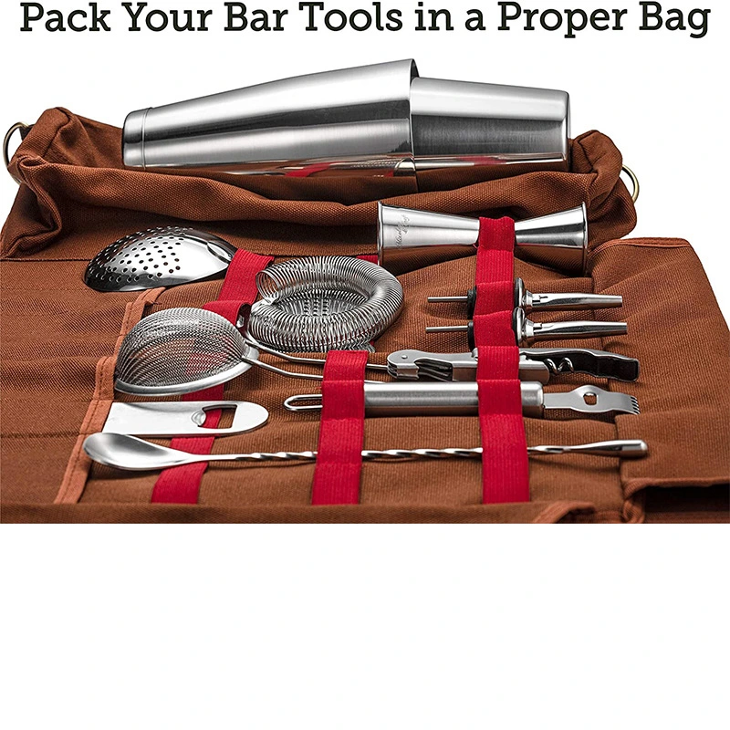 Professional Travel Bartender Kit Bag Storage Bar Tool Set Portable Bar Roll Waxed Canvas Tool Bag Bar Set for Home