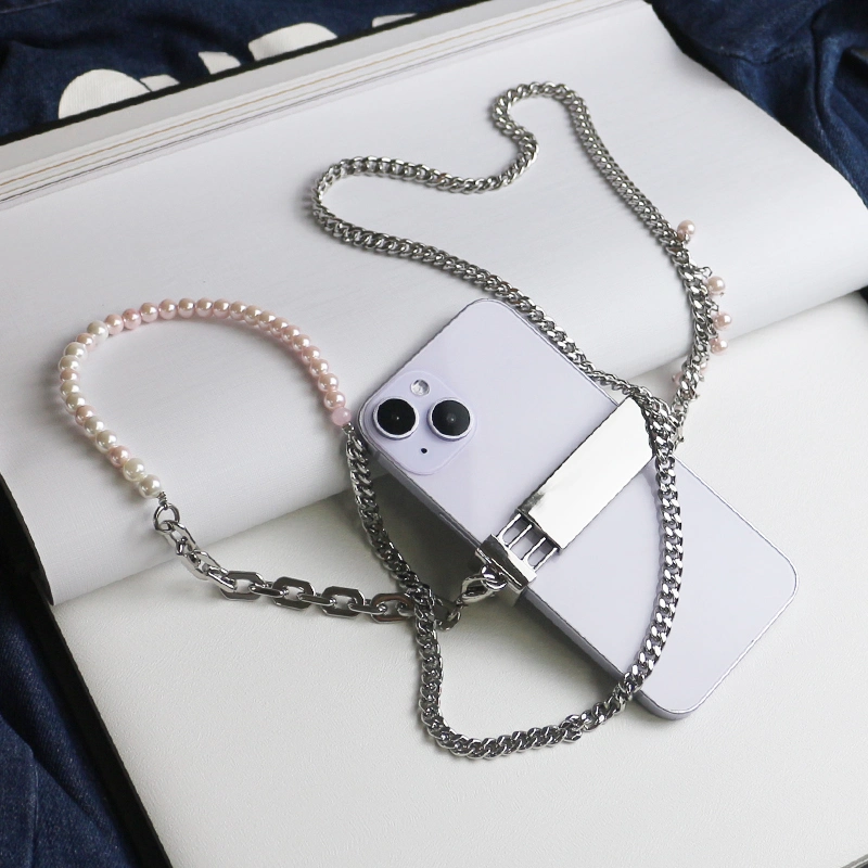 Pink Ball Bead Metal Chain Phone Clip Universal Heart Shape Pearl Messenger Strap Phone Case Accessories