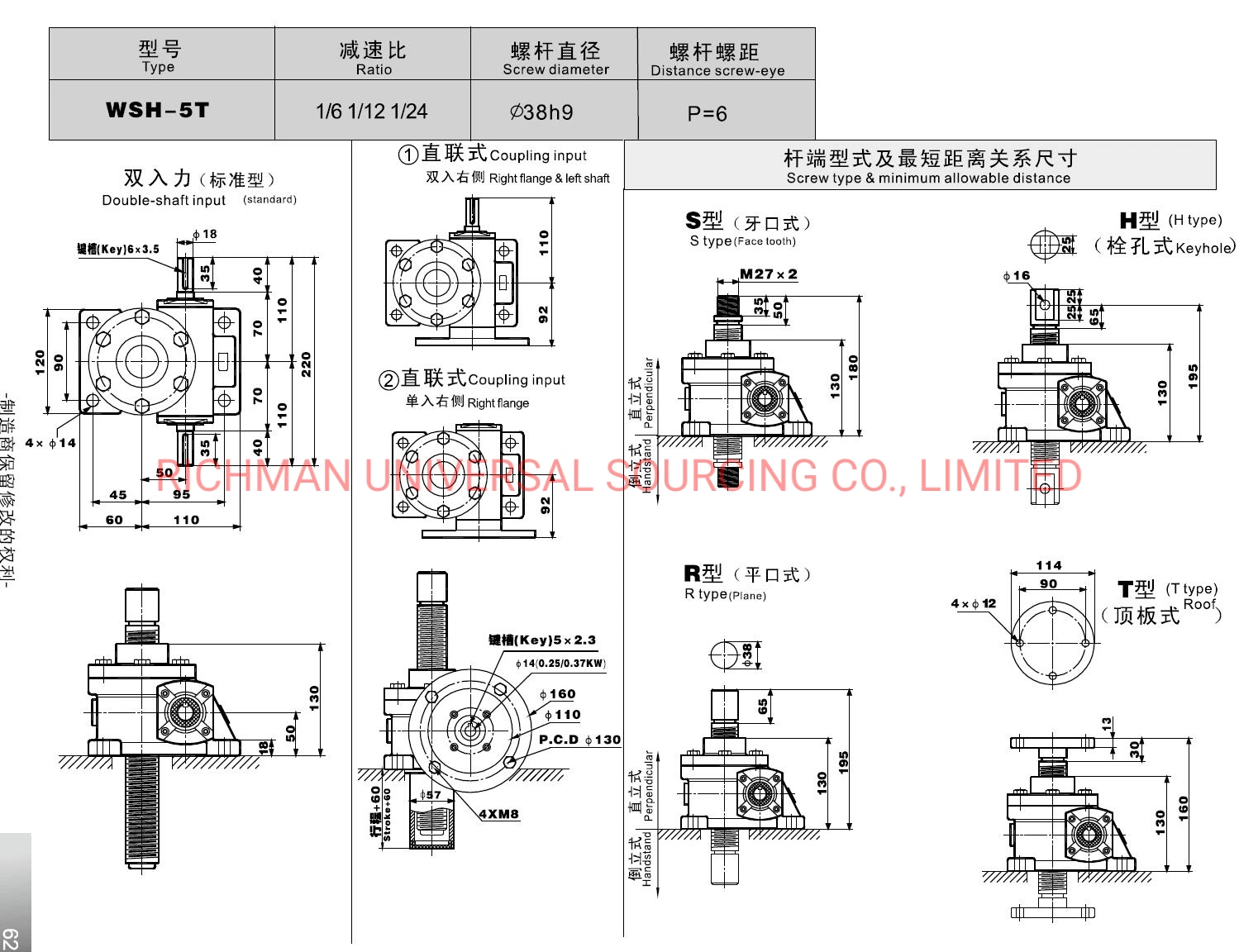 Wsh Worm Gear Unit Screw Jack Elevator Motor