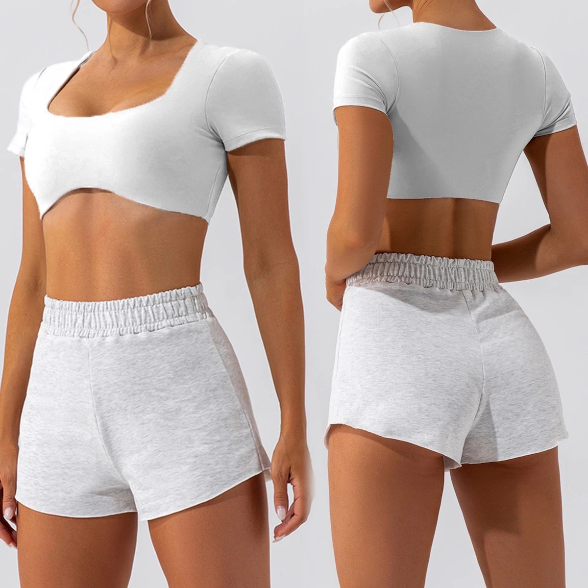 New Listing 2 PCS Cute Leisure Summer Street Active Wear for Young Teens, Custom Sports Gym Short Sleeve Crop Top with Bra + Running Shorts with Pocket