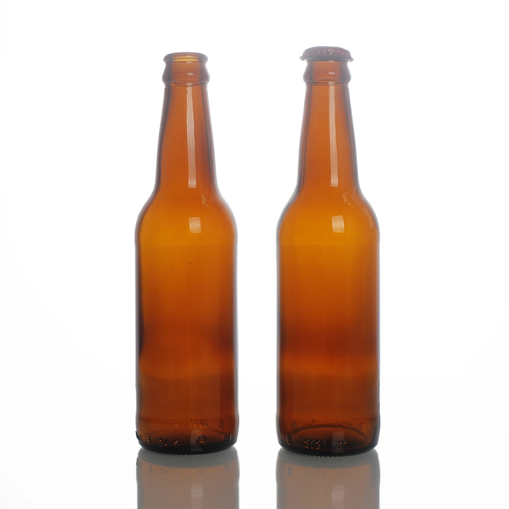 Heißer Verkauf Amber 330ml leere Glas Bierflasche für Sparkling Wein Alkohol Saft Getränke mit Metall Crown Cap