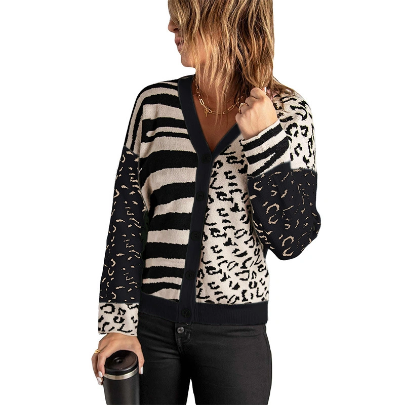 Sport Winter Contrabing Colors Leopard Print Women Coat Cárdigan suéter