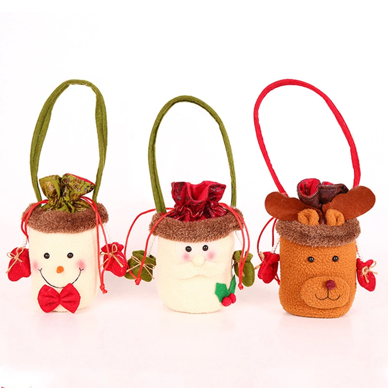 3 Designs Cute Plush Christmas Tote Bag with Handle Drawstring and Small Gloves Candy Bags for Xmas Party Favor.