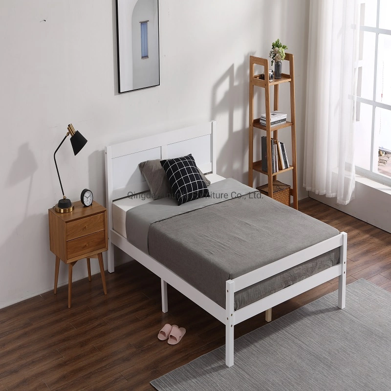 Home Bedroom Simple White K/D Solid Wood Single Double Bed Furniture