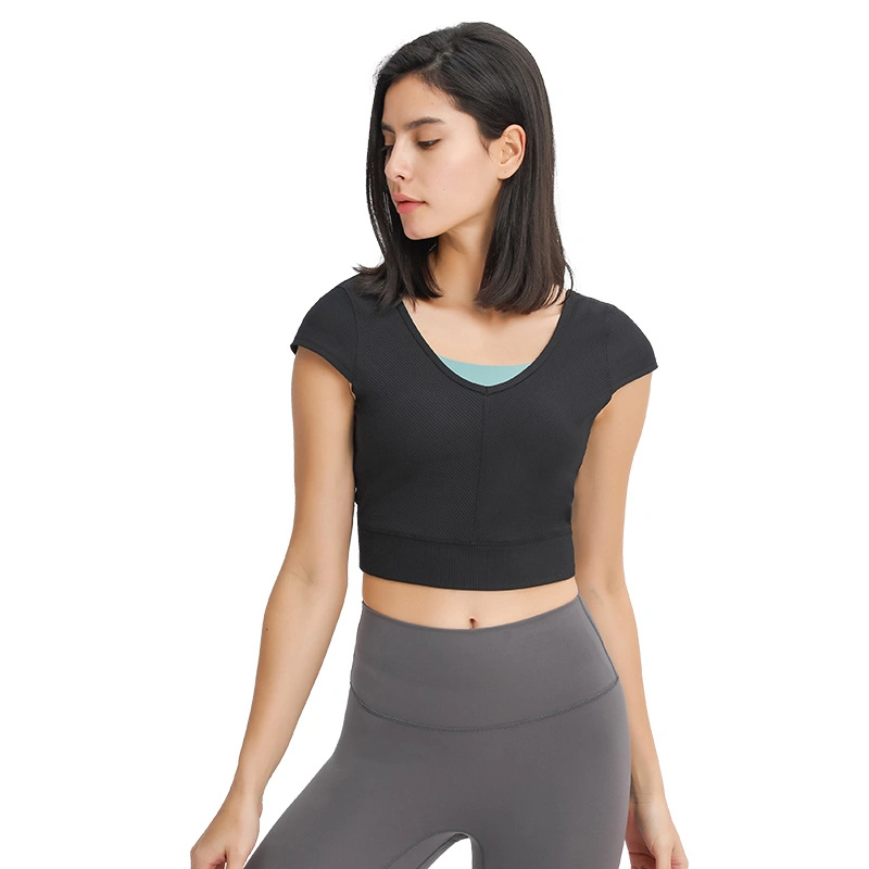 Dt060 Women Ribbed Yoga Short Sleeved Lounge Wear V-Shaped Back-Cross Outdoor Sports Fitness Crop Top