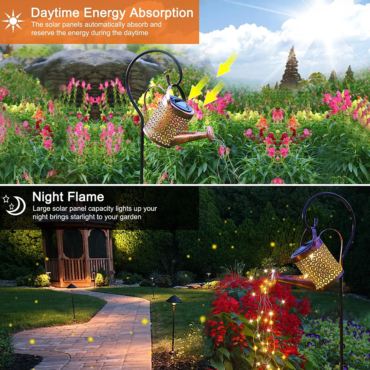 Outdoor Waterproof Solar LED Light Metal Hallow out Watering Can Garden Stake Decoration