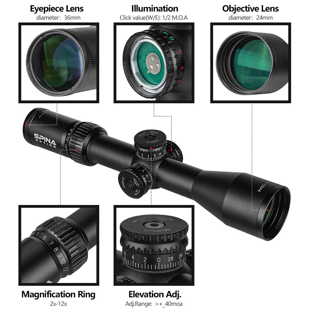 2-12X44 Hunting Optical Scopes Sight Glass Etched Reticle Scopes