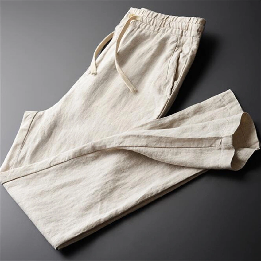 Mens Casual Linen Pants Elasticated Waist Linen Trousers