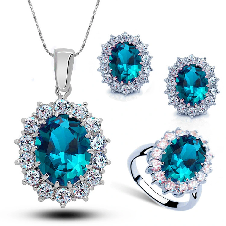 New Arrival Women Multi Colors 925 Sterling Silver Plated Crystal Blue Cubic Zircon Pendant Necklace Jewelry Sets