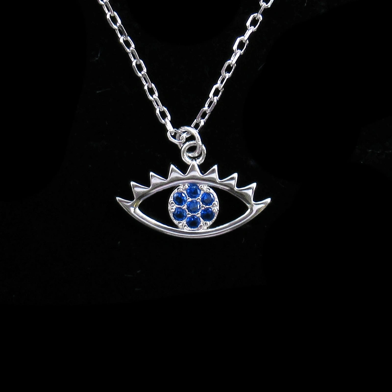 Fashion Design Cubic Zirconia Eye Shape with Blue Pupil Pure Silver Necklace for Girls