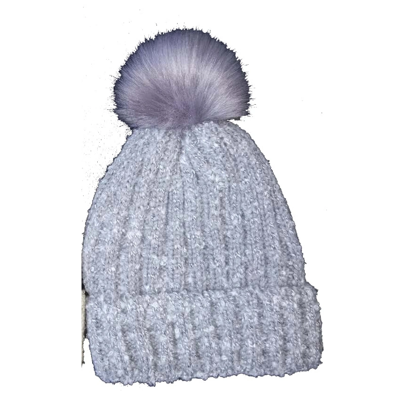 Lady Winter Warm Fashion Knitting Boucle Bobble Hat with Fake Fur Pompom