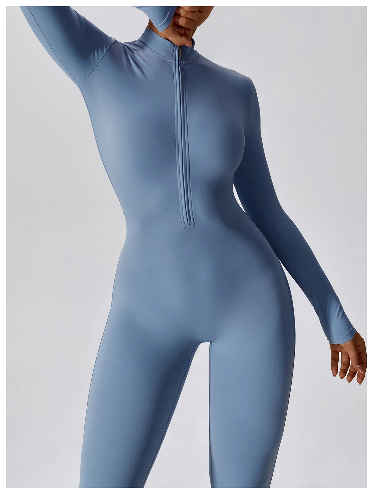 Factory Wholesale/Supplier Long Sleeve Zip up Full Length Romper Playsuit Bodycon Unitard One Piece Yoga Workout Fitness Jumpsuit