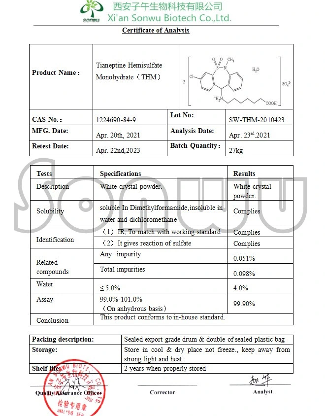 Suministro de THM 1224690-84 Sonwu CAS-9 Tianeptine Hemisulfate monohidrato