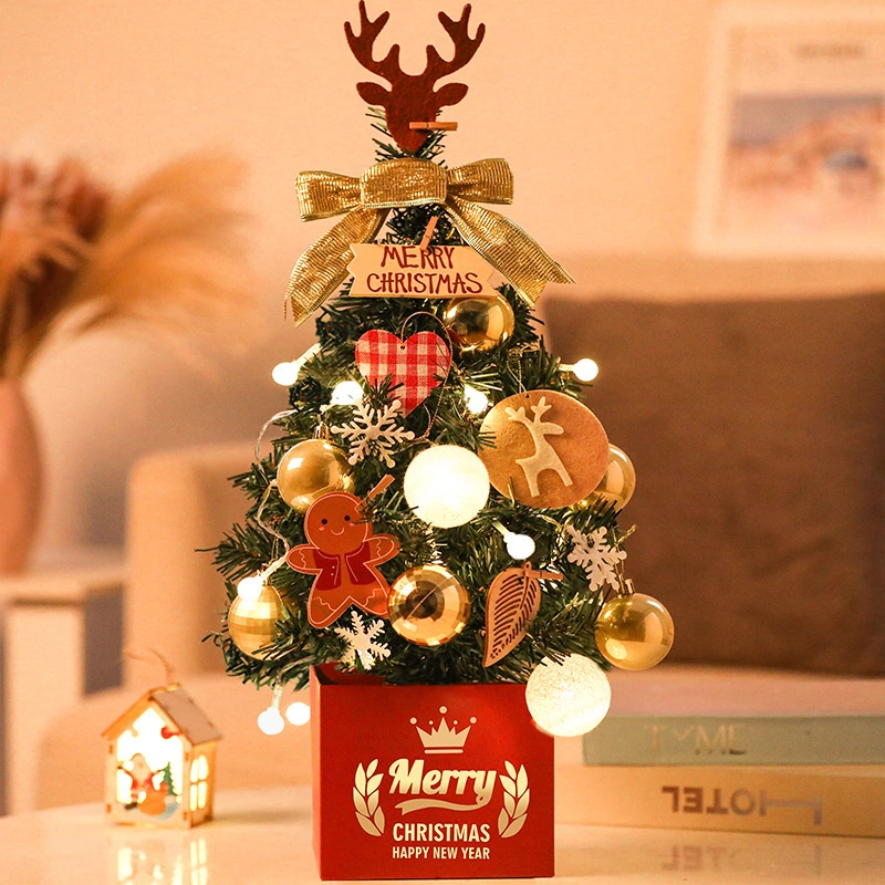 Table Top Artificial Bowknots Red Christmas Pine Trees with LED String Lights