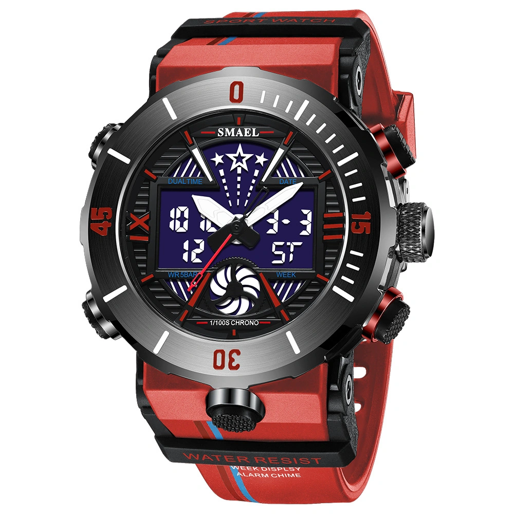 Red New Alloy Sports Electronic Watch Men's Watch Multifunctional Waterproof Dual Display Electronic Watch Wholesale