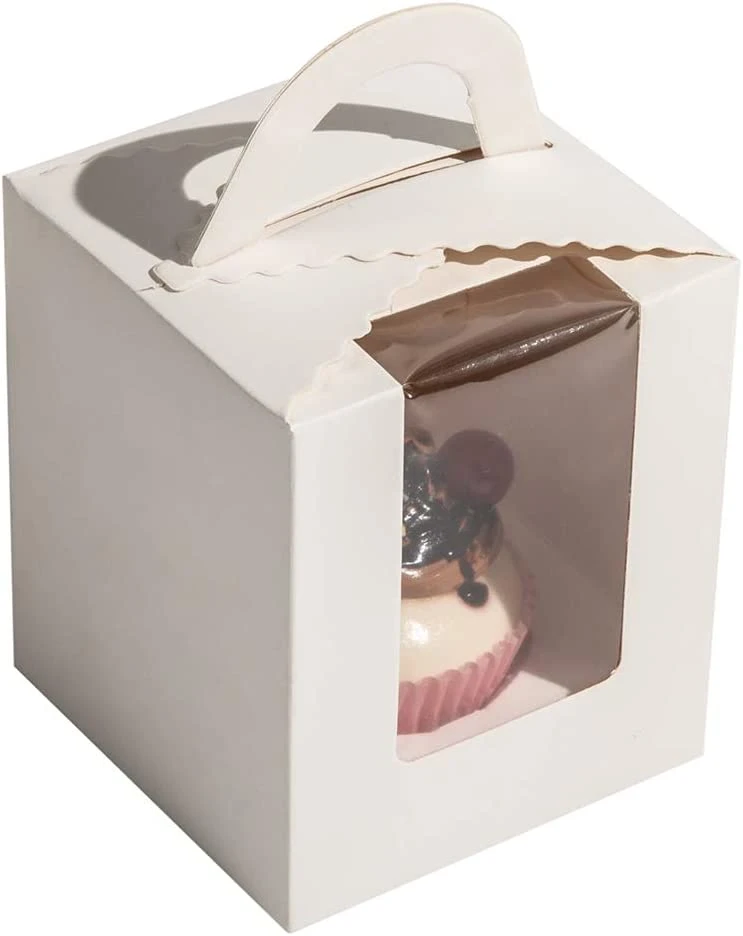 Comercio al por mayor blanco solo contenedores Cupcakes cajas de regalo con ventana inserta manejar