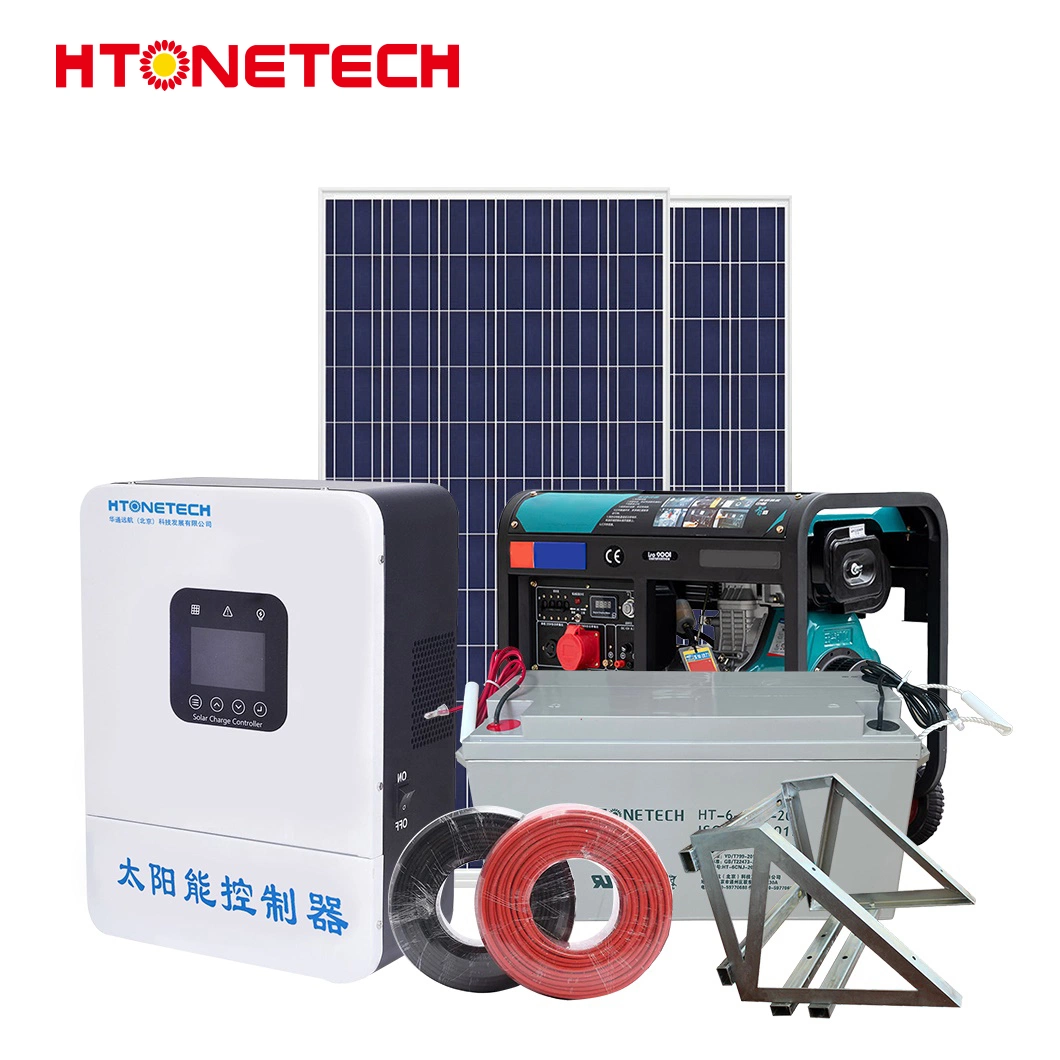 Htonetech 10kw-off-Grid-Solar-la fabricación del sistema China 5000W 45000W Mono Panel Solar 560mm x 900mm montado en el remolque Generador Diesel PV Sistema híbrido de pila de combustible