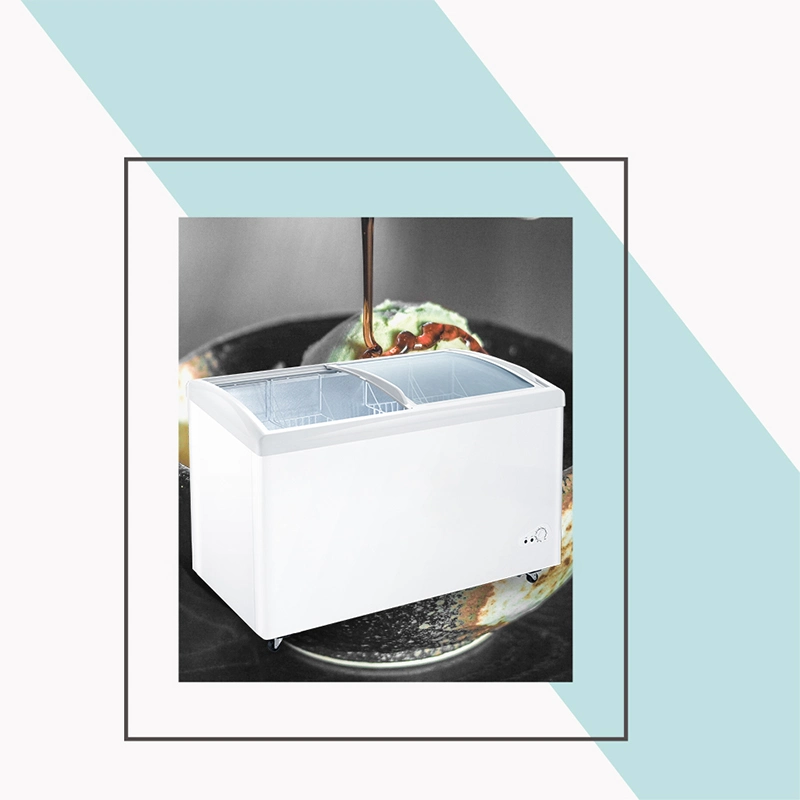 239L helado curvo congelador horizontal / Puerta de vidrio Freezer Para uso doméstico y empresarial