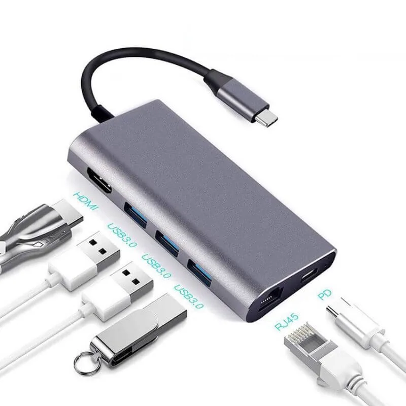 8-in-1 LAN Port Pd Hub HDMI Multi-Port Adapter to USB Converter Hub