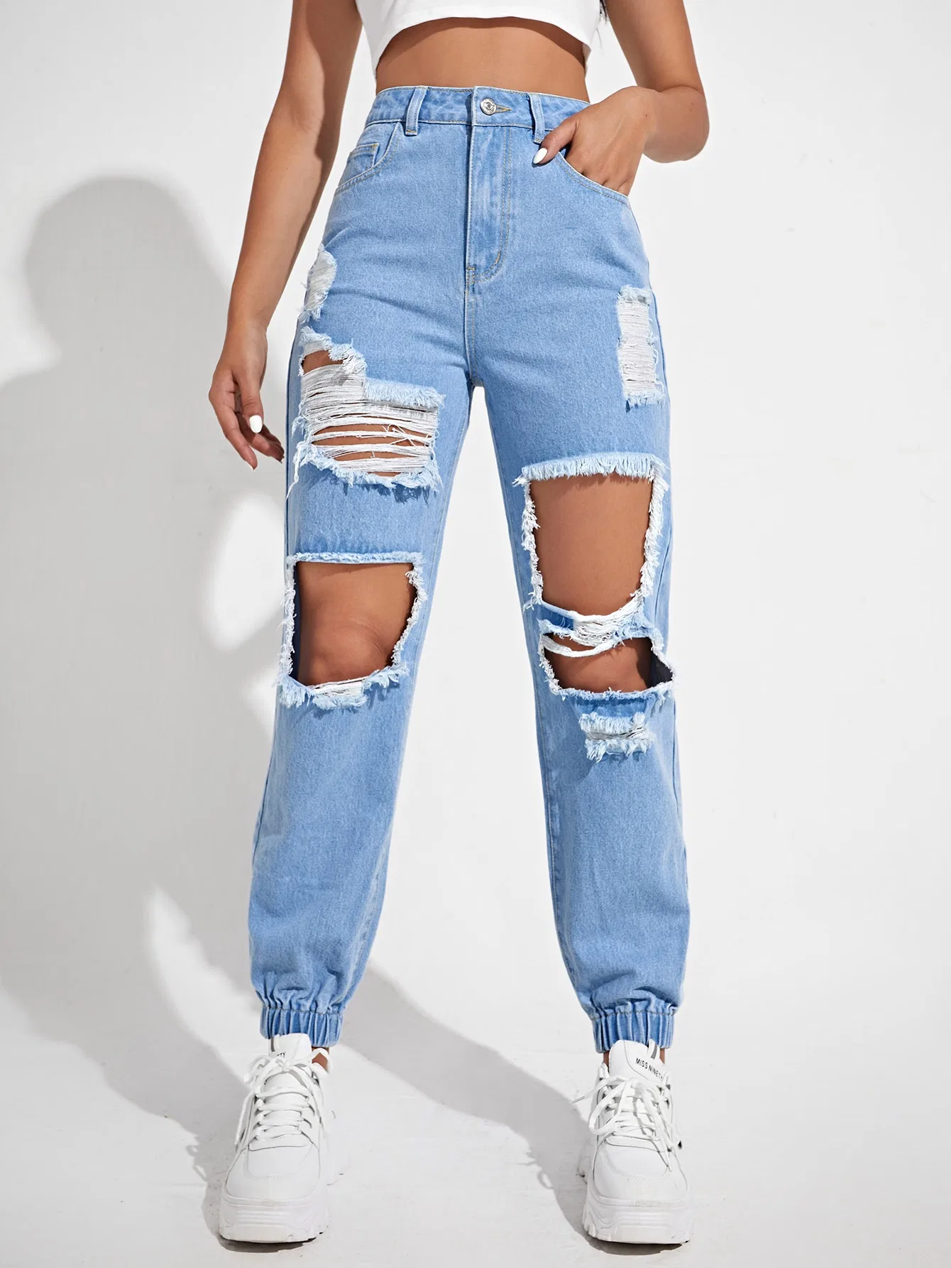 Hoch Taillierte Kratzlöcher Nicht-Stretch Qualität Elastan Unteren Saum Neu Fashion Lady Jeans Hellblaue Boyfrind Fit Jeans