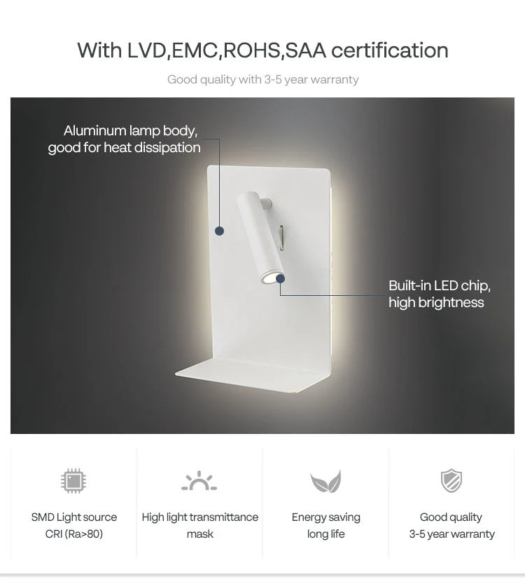 Venta en caliente aluminio 3+8W Estudio LED de lectura Luz de pared ajustable Lámpara de lectura puntual