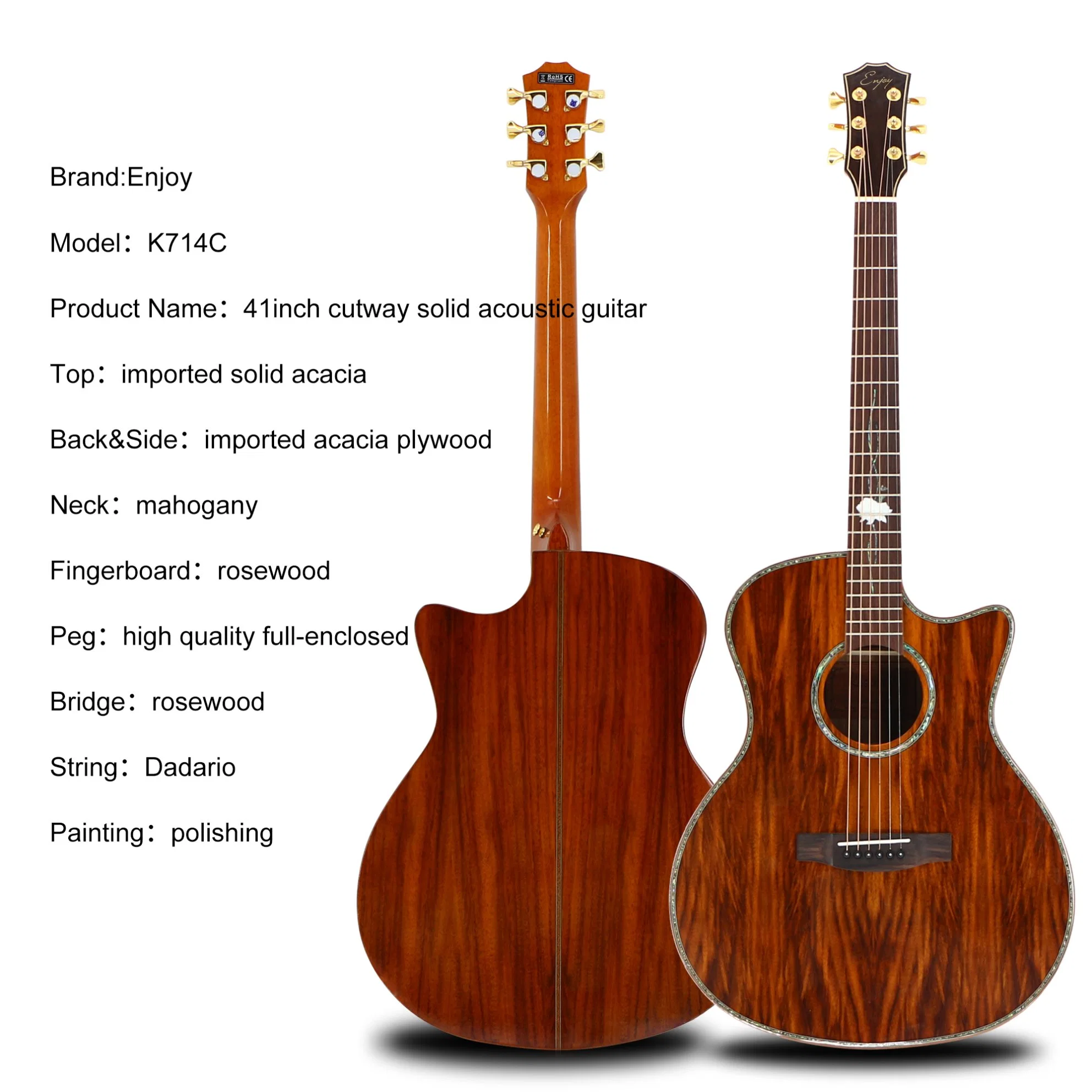 Chinese Factory Dadario String Rosewood Fingerboard Musical Instrument High Gloss Cutway High quality/High cost performance Imported Solid Acacia 41inch Acoustic Guitar