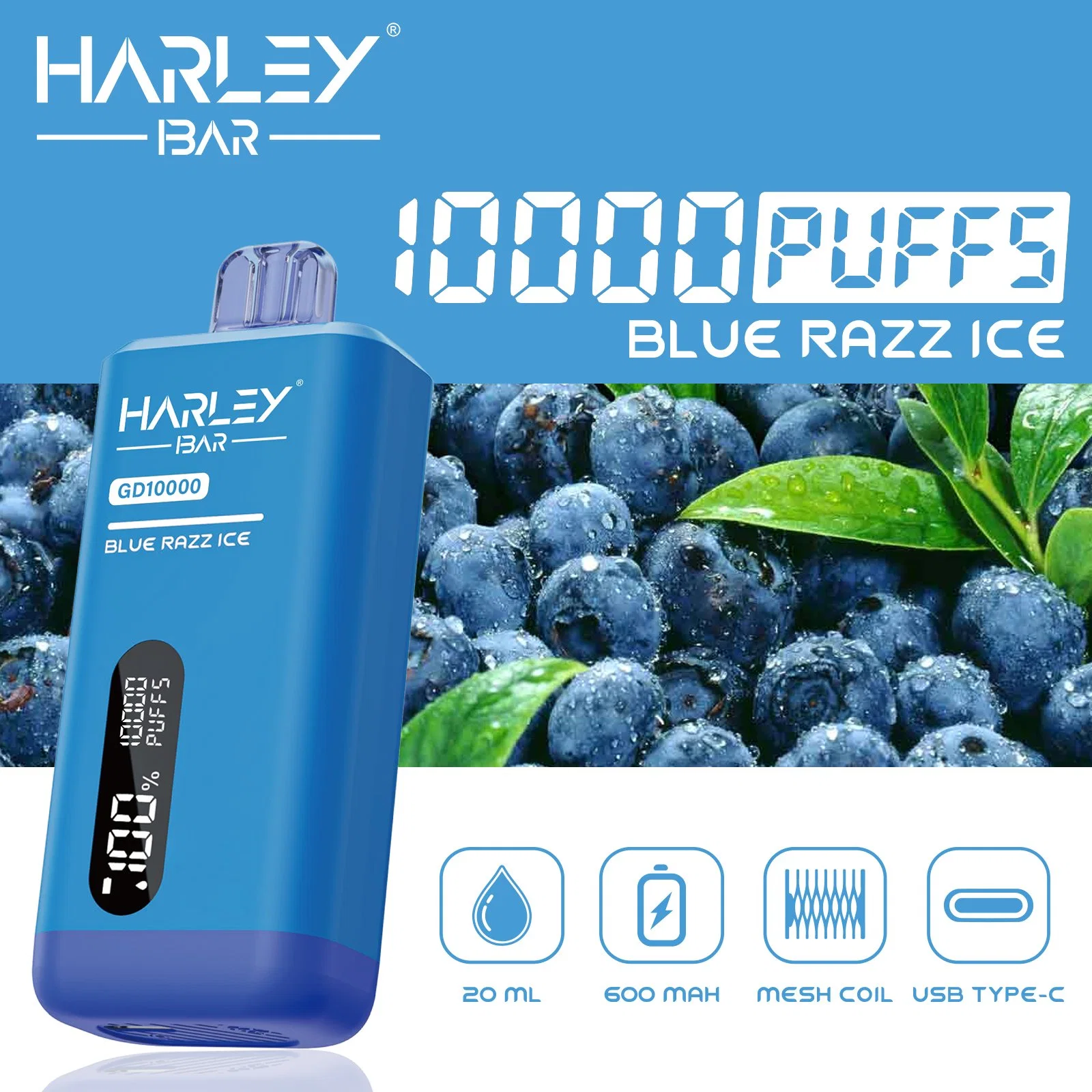 2024 Nueva pantalla LED original de fábrica desechable vape Harleybar Gd10000 Soplos