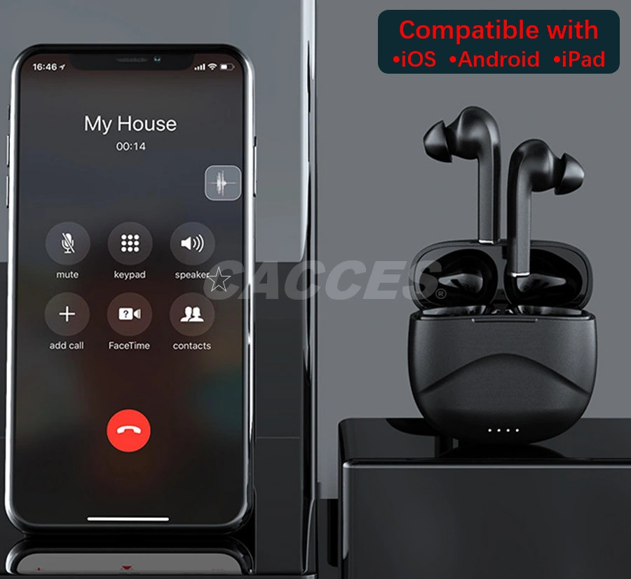 Auriculares sem fios Cacces E50be Bluetooth 5.3 com estojo de carregamento sem fios Auscultadores estéreo à prova de água IPX4 com auricular com microfone incorporado Som HiFi Premium 120 horas