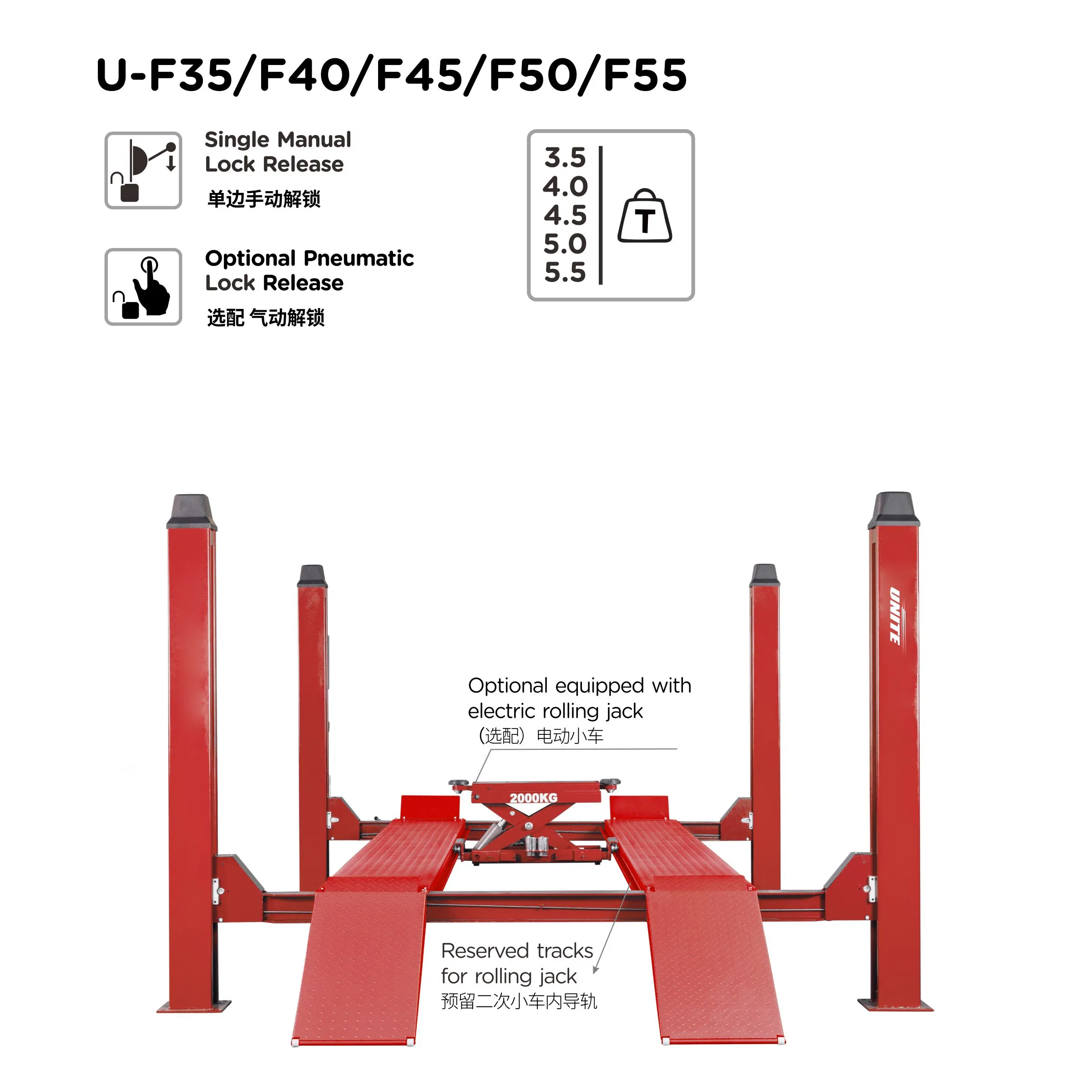 4 ascensores Post Car 5,5 T capacidad U-F55 cuatro Postes Elevador de vehículos para automóviles / coches / camiones ascensores arriba