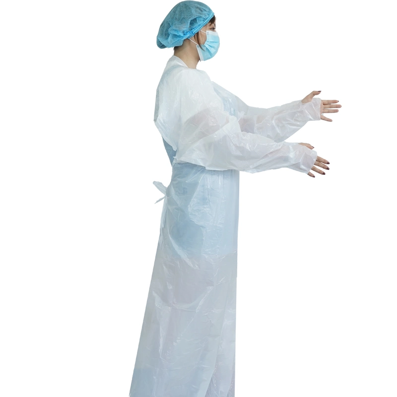 White Long Sleeve Disposable Plastic CPE Gowns with Thumb Loop Holes