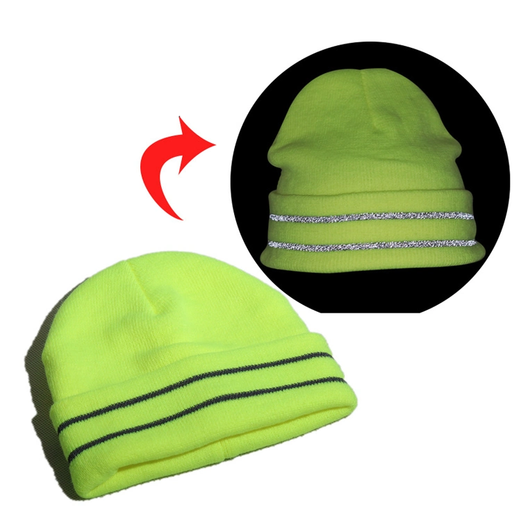 Winter OEM Customized Logo Knitted Cuff Acrylic Outdoor Safety Reflective Hat