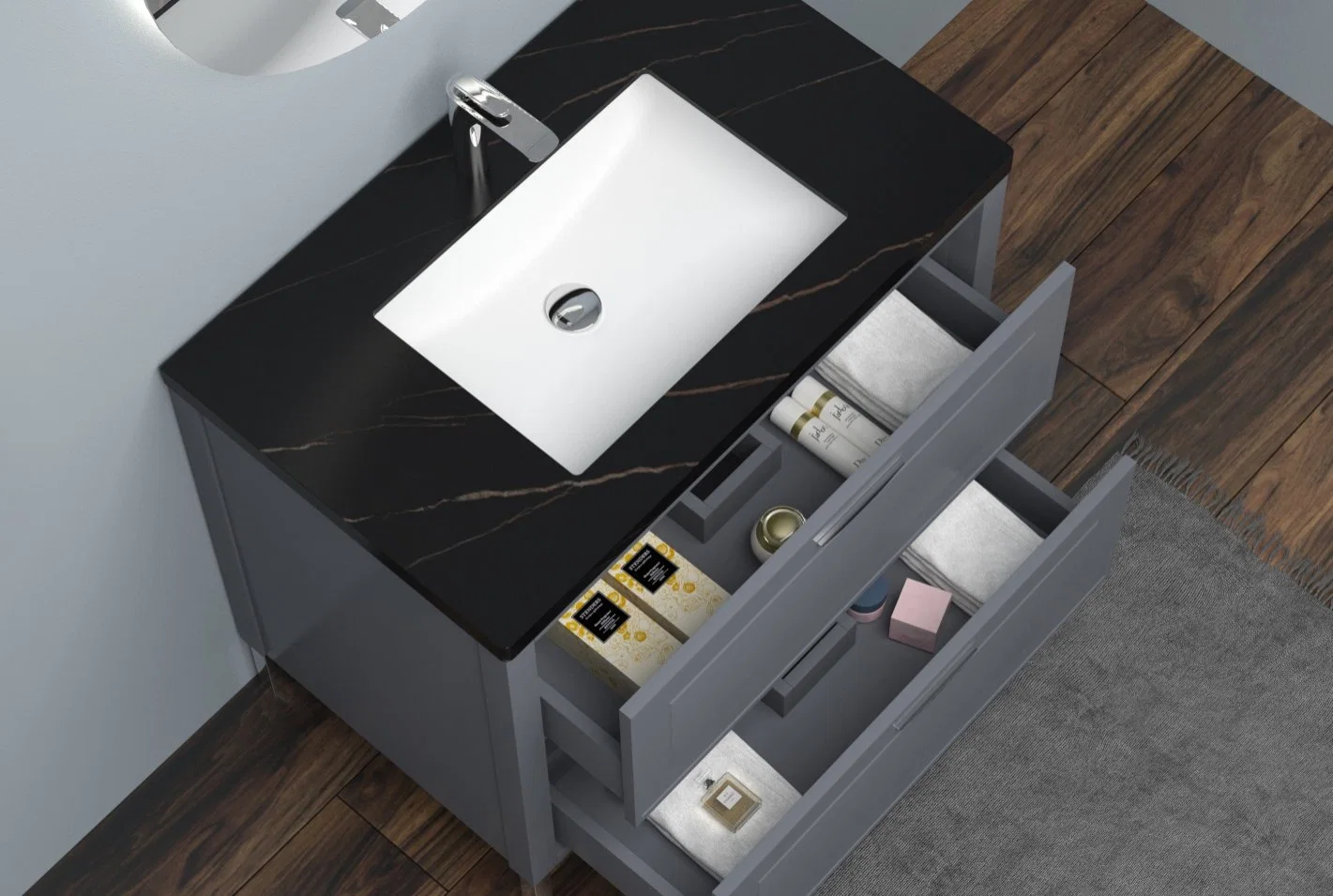 Morden Grey Color Exquisite Exterior Design Bathroom Vanity Cabinet with LED Mirror and Legs